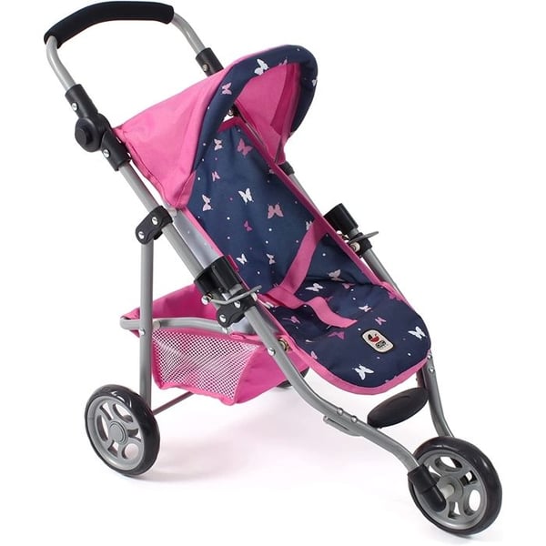 Liten joggingvagn LOLA Rosa och Blå Fjärilar för docka
