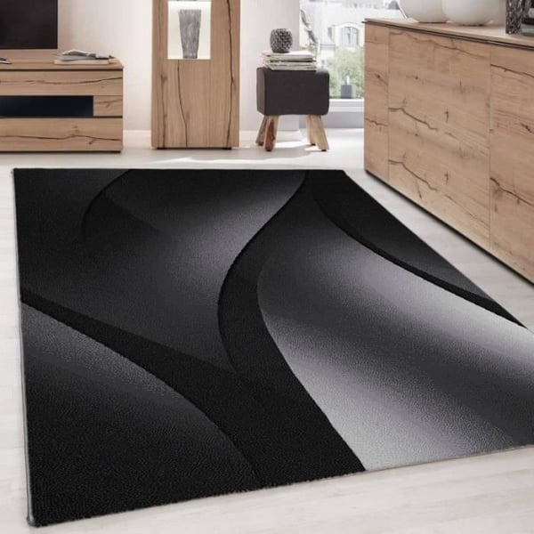 Modern abstrakt optisk vågmönster matta svart grå (120x170 cm)