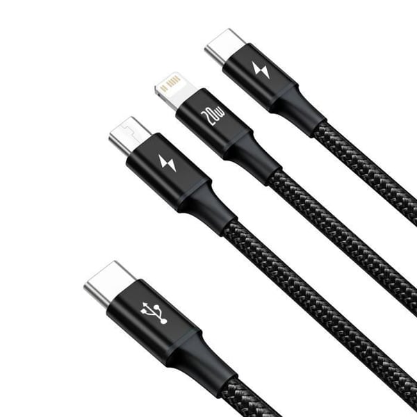 Strömkabel - BASEUS - CAMLT-SC01 - Typ-C till Micro USB-Lightning - PD 20W - 1.5m Svart