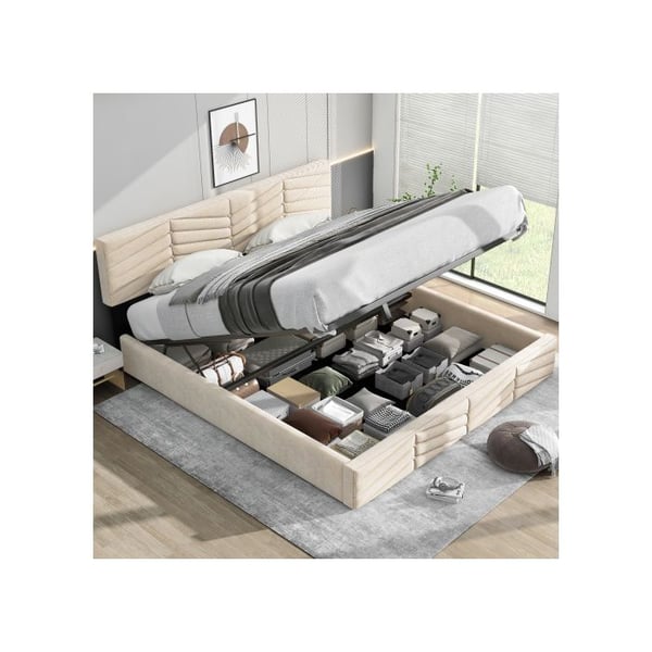 Lit funktionel hydraulisk - MUVOE - 160 x 200 cm - Justerbar hovedgærde - Beige velour - Stribet design