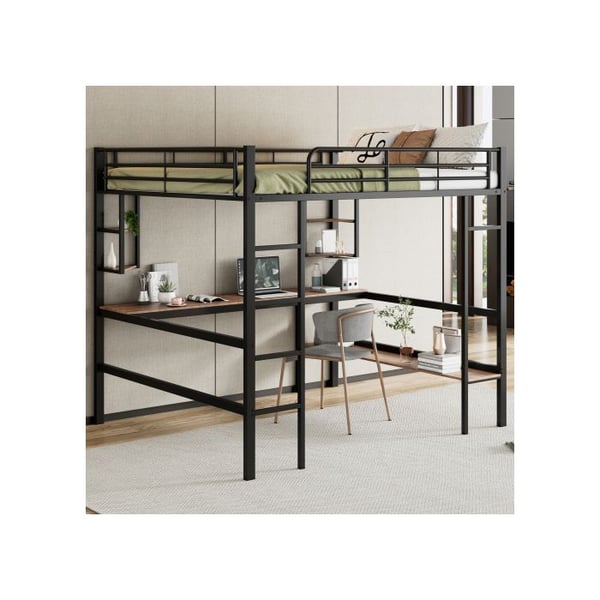 Højtseng, metal seng med ramme 140x200 cm, jernseng med skrivebord, uden madras, sort