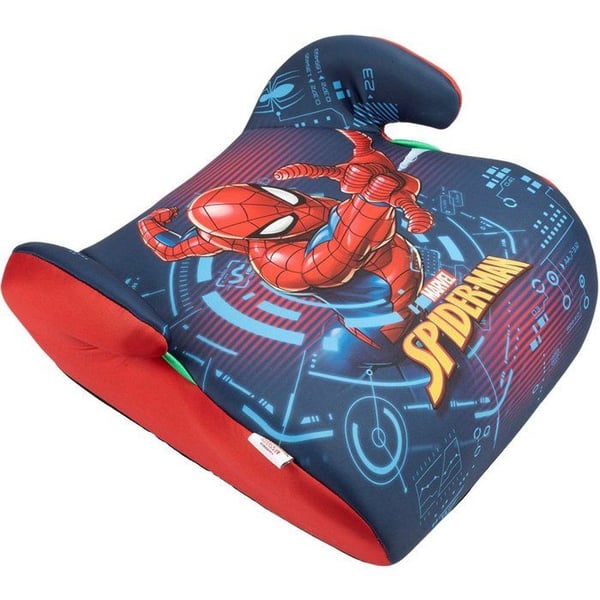 Bilbarnstol höjningsskydd Tataway Marvel Spiderman i-Size ECE R129, barn 125-150 cm, superhjälte-grafik på blå bakgrund.