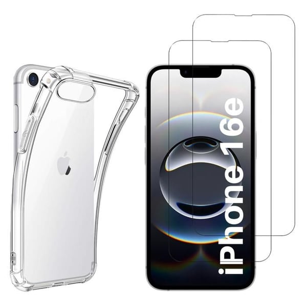 Stötsäker skal - Phonillico® - iPhone 16e - Flexibel - Transparent - 2 Härdat glas