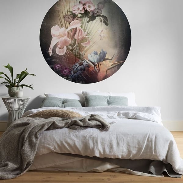 panorama rund självhäftande tapet flamländska blommor rosa, blå och grön - Ø 125 cm - 611736