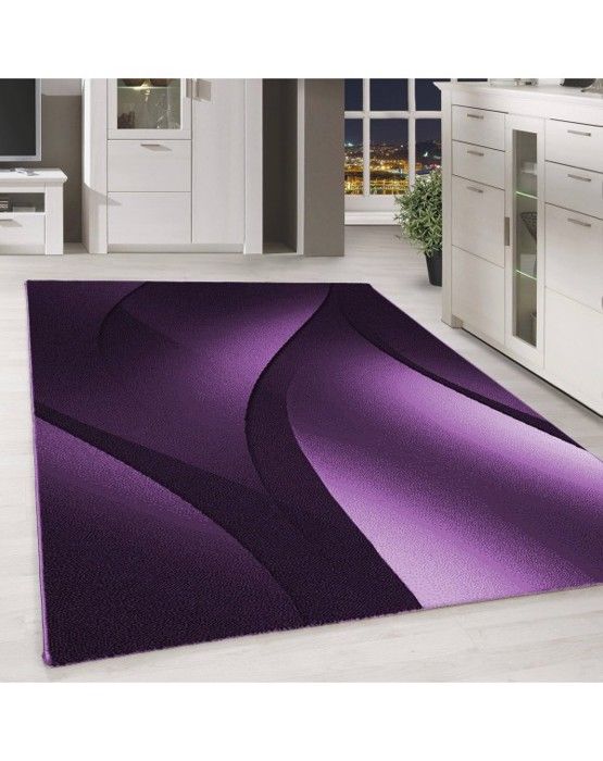 Modern Abstract Design Mat Optiska Vågor Kort Hår Svart Lila Vit (160x230 cm)