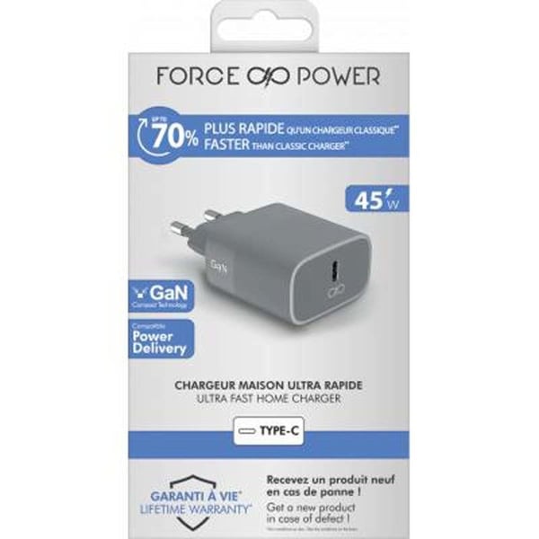 Strömadapter - Force Power - Laddare 45W - Power Delivery - 100% Återvunnen plast - Grå