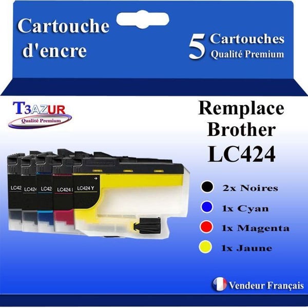 T3AZUR - Pack med 5 kompatibla Brother LC424-bläckpatroner för Brother Mini 19 Biz-SL