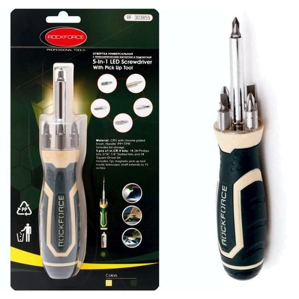 Universell skruvmejsel med belysning - Rockforce - 5 i 1 - Utbytbara bits - Inbyggd belysning - Magnet