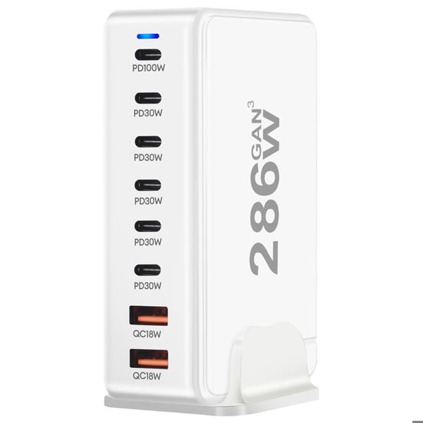 Laddstation - AVIZAR - 286W GaN 3 - 6x USB-C - 2x USB - EU-kontakt Vit