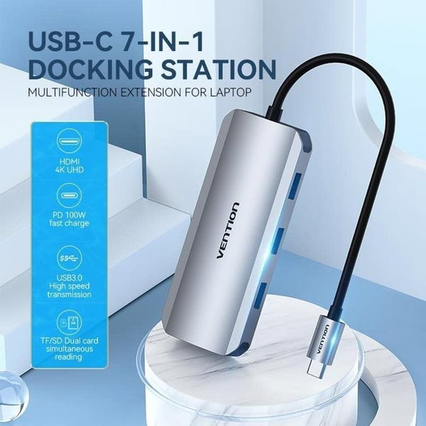 Vention USB-C till HDMI / 3x USB 3.0 / SD/TF / PD grå 0.15M aluminiumlegering 7-i-1-dockningsstation