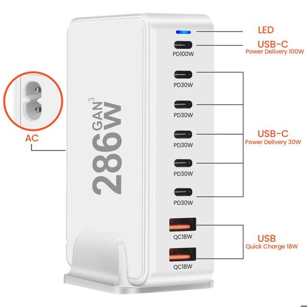 Laddstation - AVIZAR - 286W GaN 3 - 6x USB-C - 2x USB - EU-kontakt Vit