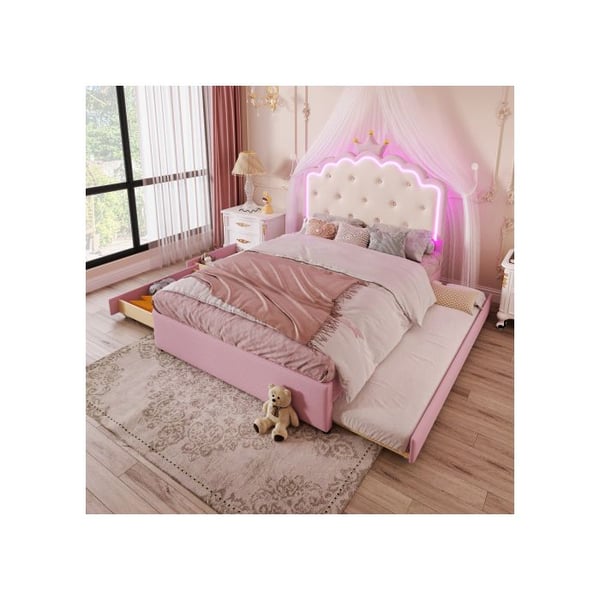 Lysende seng - MUVOE - 140 x 200 cm - Rosa - 2 skuffer - Justerbar LED