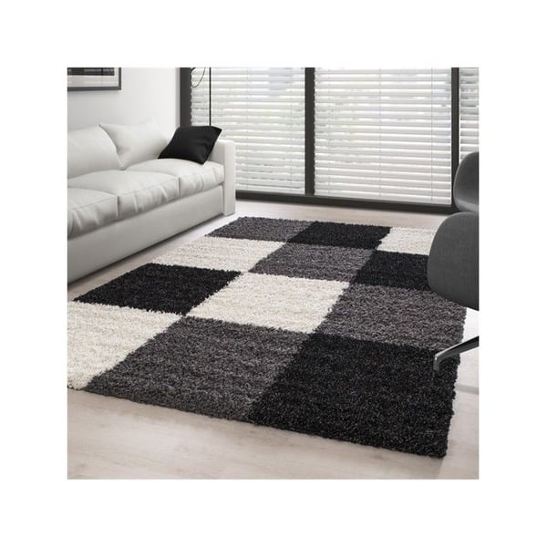 Tjock luggmatta med lång lugg, rutmönster i flera färger och storlekar att välja mellan (120x170 cm - Svart-Vit-Grå) Tjock luggmatta med lång lugg, rutmönster i flera färger och storlekar att välja mellan (120x170 cm - Svart-Vit-Grå)