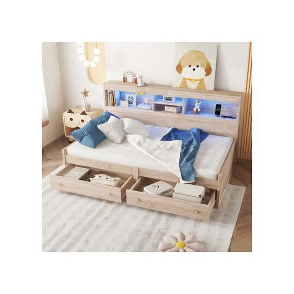 Seng med dagslys - MUVOE - 90x200 cm - 2 USB-stik - LED-lys - Opbevaringsskuffer