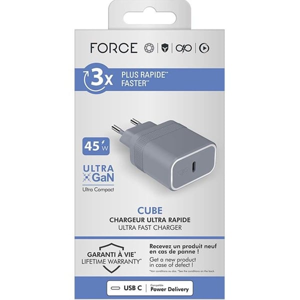USB C-laddare - Force Power - Cube 45W - Power Delivery - UltraGaN - Grå