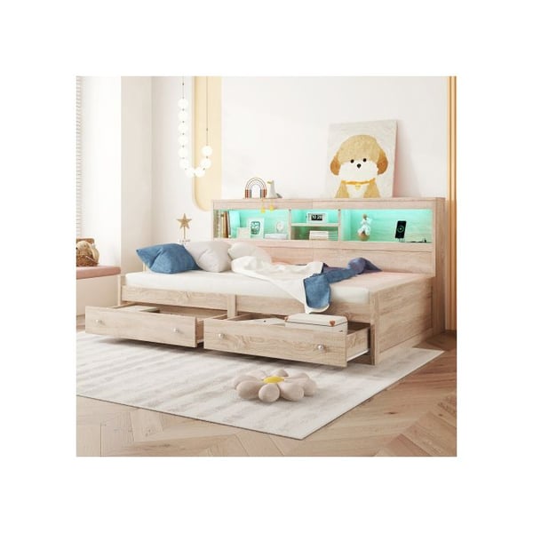 Seng med dagslys - MUVOE - 90x200 cm - 2 USB-stik - LED-lys - Opbevaringsskuffer