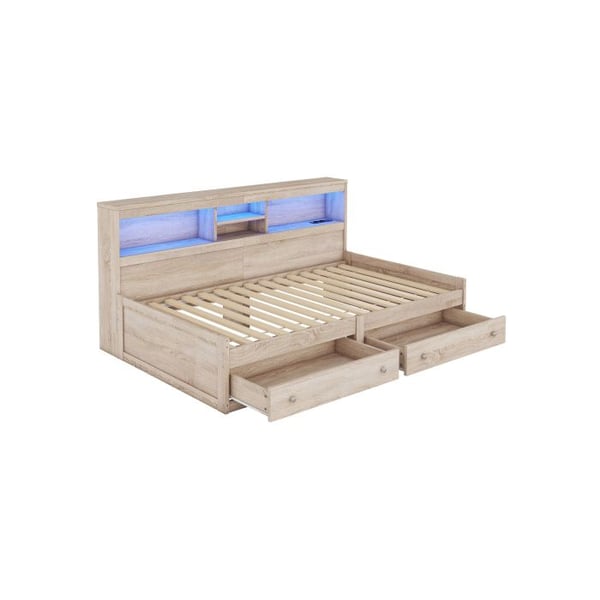 Seng med dagslys - MUVOE - 90x200 cm - 2 USB-stik - LED-lys - Opbevaringsskuffer