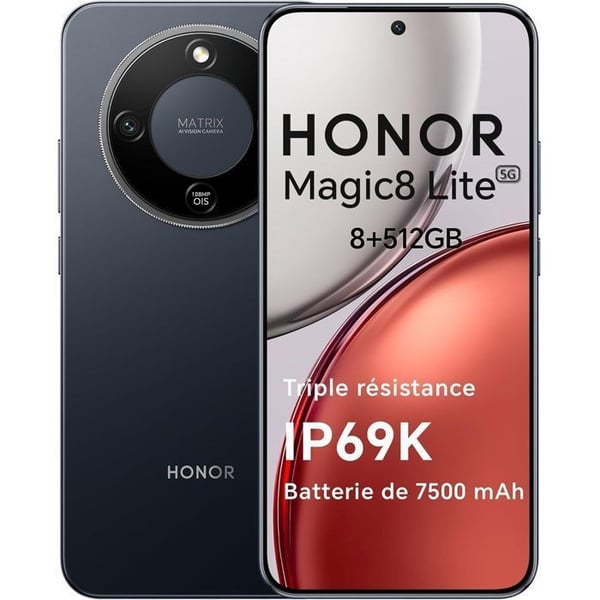 Smartphone 5G - HONOR Magic8 lite - 8Go RAM - 512Go - 7500 mAh - 108 Mpx + OIS - IP68 & IP69K - Svart - EU-version