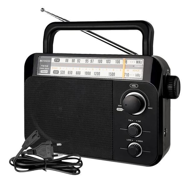 Reteness TR604 Bärbar FM-radio, batteri och elnät, antennmottagning, transistor, högtalare, hörlursuttag, stor skärm, för äldre personer