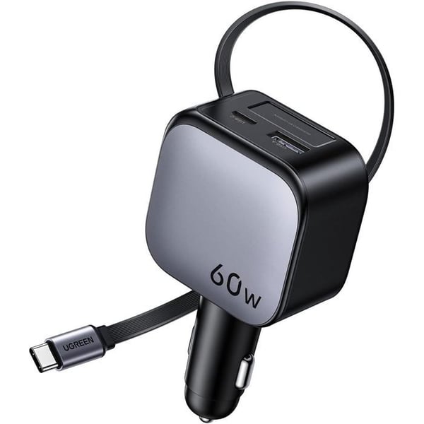 Bil laddare - UGREEN - 60W - USB-A + USB-C - Nedfällbar version - Svart