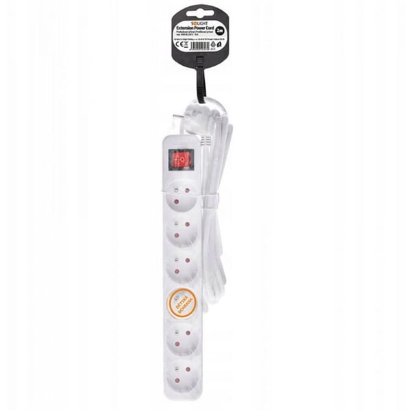 Rallonge - SOLIGHT - 6 uttag - Vit - Inbyggd strömbrytare - 2 m