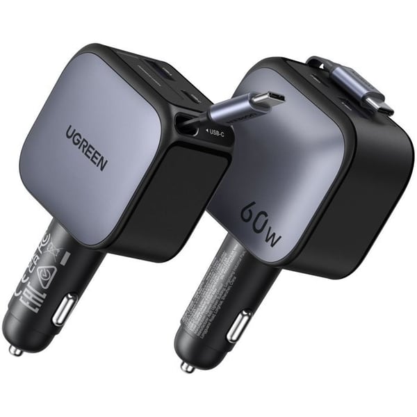 Bil laddare - UGREEN - 60W - USB-A + USB-C - Nedfällbar version - Svart
