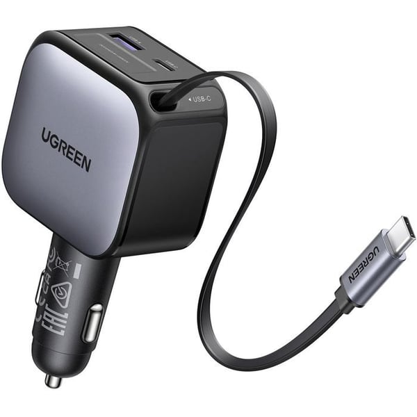 Bil laddare - UGREEN - 60W - USB-A + USB-C - Nedfällbar version - Svart