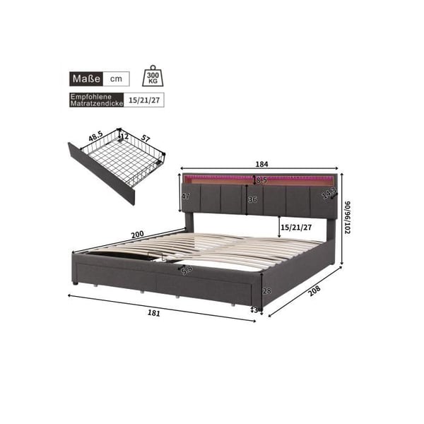 Lit - MUVOE - 180x200 cm - Pehmustettu - LED-valaistus - Harmaa