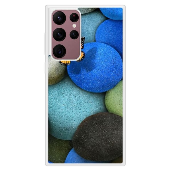 förstärkt silikonetui med tryck kompatibel med Samsung Galaxy S22 Ultra fjäril blå pebble