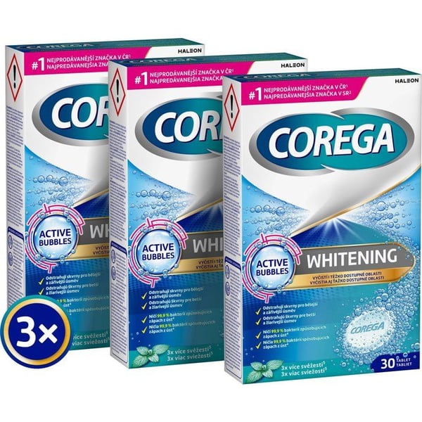 COREGA Whitening Pro rengöring av tandproteser 3×30 st