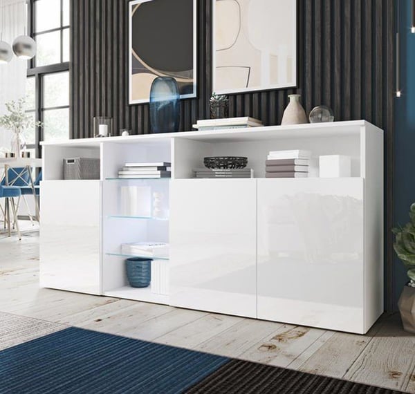 DESIGN AMEUBLEMENT - Modern låg skänk - 3 dörrar - Blå LED - Blank vit - 150x35x72 cm