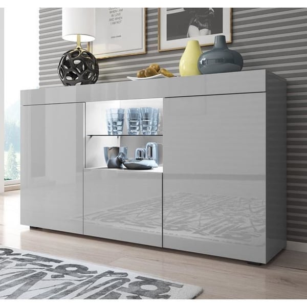 DESIGN AMEUBLEMENT - Lågt modernt skåp - Blank grå, melamin, LED - 3 dörrar, låda - 135x72x34 cm