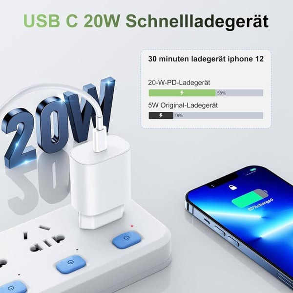 Hurtigoplader - Apple - 20W - USB C - 2M - Kompatibel med iPhone 16/15 og iPad