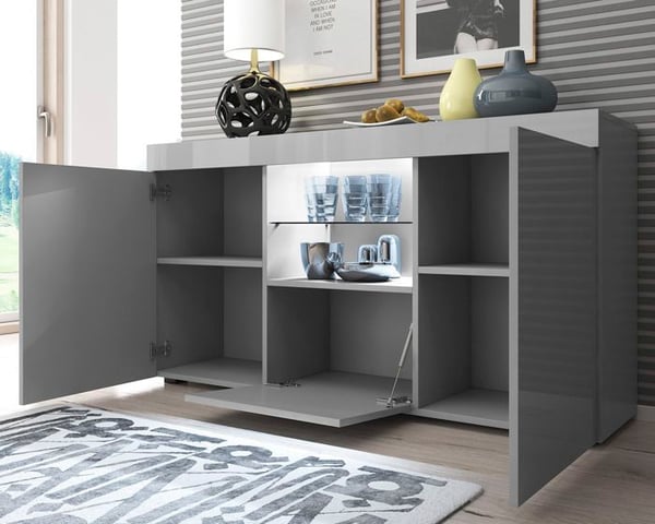 DESIGN AMEUBLEMENT - Lågt modernt skåp - Blank grå, melamin, LED - 3 dörrar, låda - 135x72x34 cm