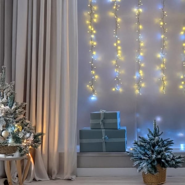 Valoisa verho lumisateen efekti 24 tippumaa 460xH80cm 1152 LED lämmin ja kylmä valo 8 tilaa ajastimella IP44