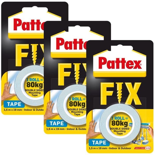 Dubbelhäftande tejp - Pattex - FIX 80 kg - 3 rullar - 1,5 m x 19 mm - Ultra starkt