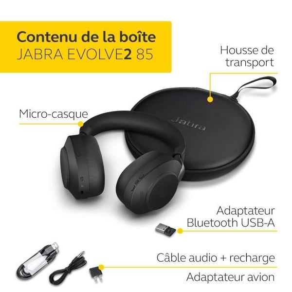 Trådlösa hörlurar - JABRA - Evolve2 85 - Stereo - USB-A - Aktiv brusreducering