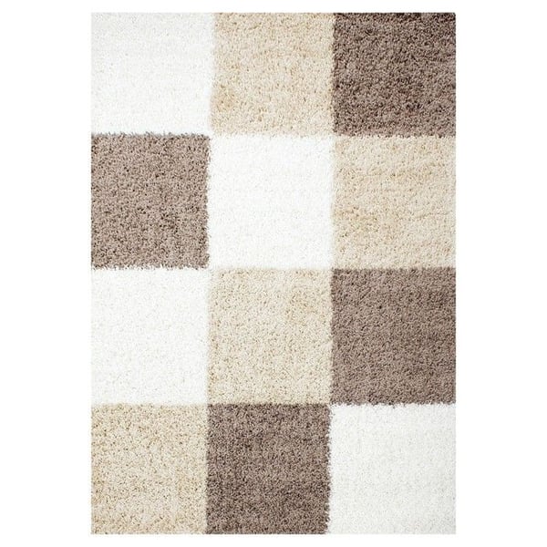 Shaggy Matta - BRUN-VIT-BEIGE - 60x110 cm - Lång Lugg - Rutmönster - Inomhus