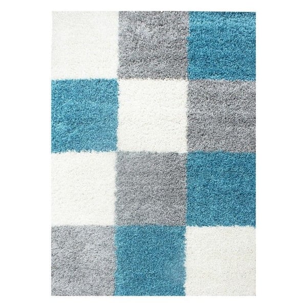 Tapis Shaggy - Ayyildiz - Rutmönster - Turkos-Vit-Grå - 200x290 cm - 30 mm höjd
