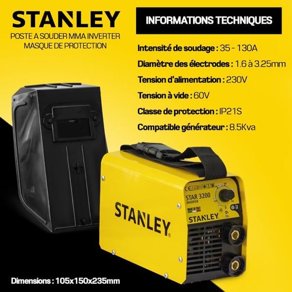 130A Inverter MMA STAR3200 STANLEY - Hitsauslaite 1,6 - 3,2 mm sauvoille, kantokotelo