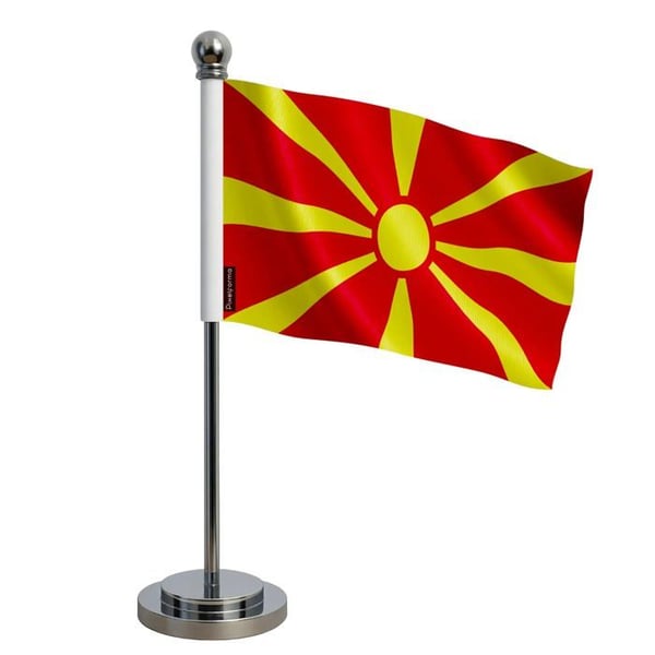 Flagga kontor från Nordmakedonien – 14 x 21 cm – Polyester – Sockel av rostfritt stål – Pixelforma