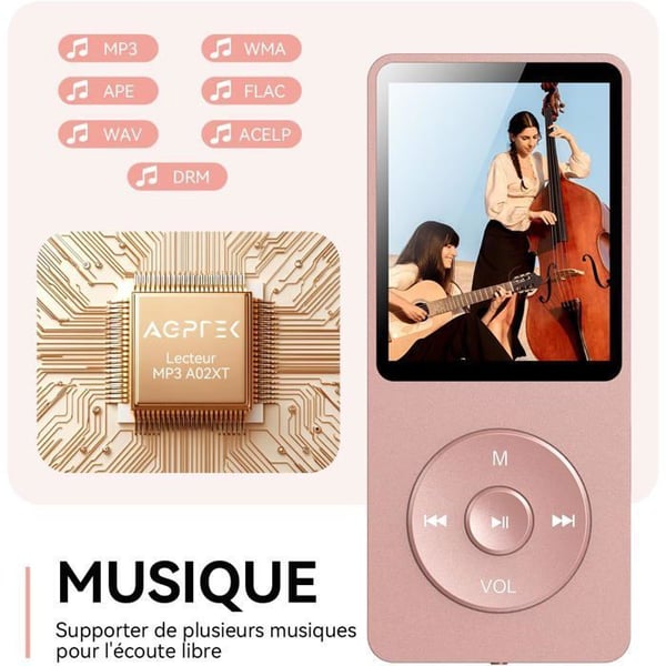 MP3-spelare AGPTEK - 16GB - 1,8” skärm - FM-radio - Batteritid upp till 70 timmar - Roséguld