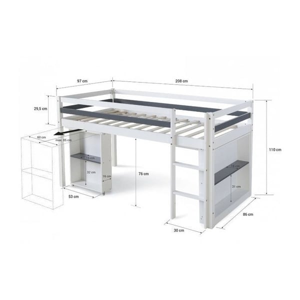 Vit Barnsäng Mezzanin 90x200 cm med Skrivbord | med Hylla | med Sängbotten