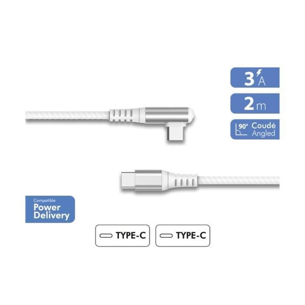 USB-C till USB-C-kabel - FORCE POWER - Lite - 60W - 2m - 90° vinklad