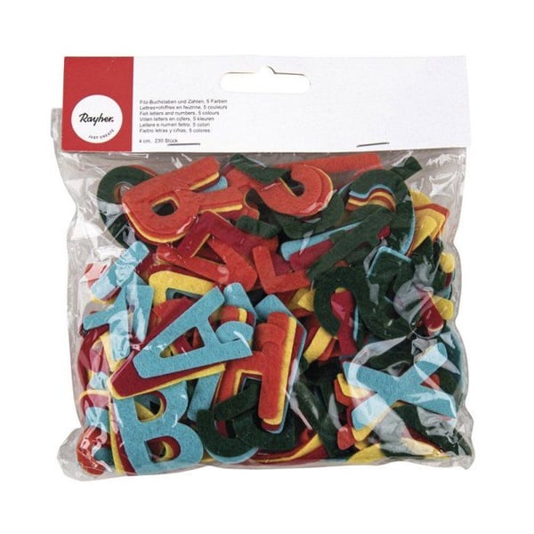 Bokstäver+nummer i filt, 4 cm, 5 färger, mix ca. 230 stycken, assorterade