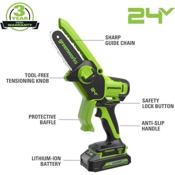 Moottorisaha - Greenworks - 24V Mini - 10 cm - Langaton Akka - 1,25 kg