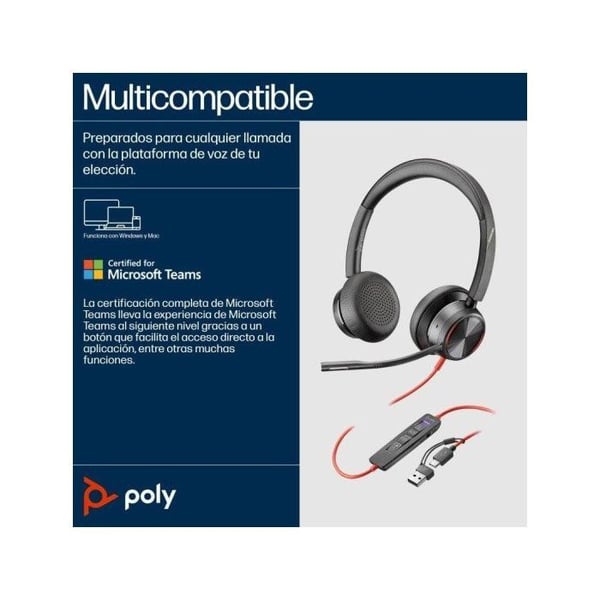 HP Poly Blackwire 8225 Stereo USB-C-headset +USB-C/A-adapter