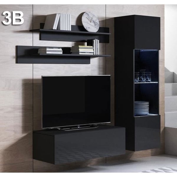 DESIGN AMEUBLEMENT - Väggmonterad TV-bänk samtida - Svart - Blank melamin - Set om 3 delar - 160 cm