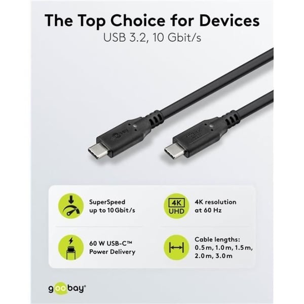 USB-C™-kabel, USB 3.2, 60 W, 10 Gbit/s, 3 m