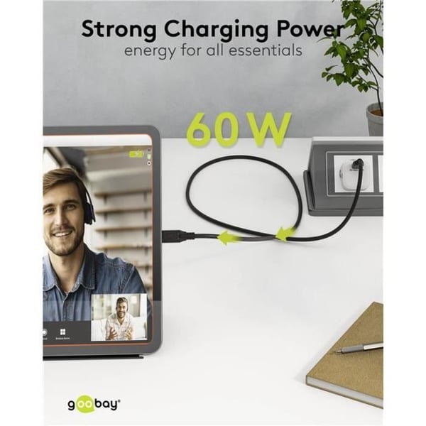 USB-C™-kabel, USB 3.2, 60 W, 10 Gbit/s, 3 m